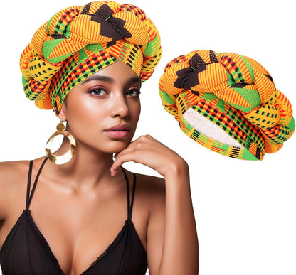 XEPST African Turban Head Wraps Big Braid Cross Turban Hat for Women, Printed Head Wrap Pre-Tied Stretchy Soft Fashion Headwear for Women, Yellow