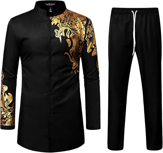 LucMatton Men's 2 Piece Outfits Long Sleeve Button Down African Dashiki Shirts and Pants Set Traditional Ethnic Suits