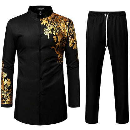 LucMatton Men's 2 Piece Outfits Long Sleeve Button Down African Dashiki Shirts and Pants Set Traditional Ethnic Suits