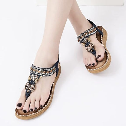 Aomigoct Sandals Women Flat Shoes: Dressy Summer Bohemian Flats Shoes for Women Sandals Comfortable Ankle Strap Outdoor Walking