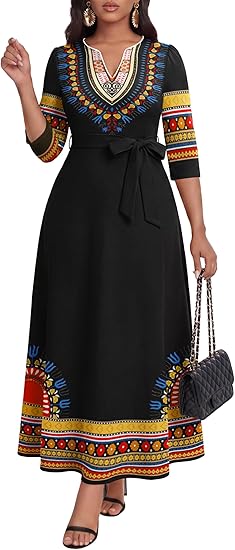 FANDEE African Attire Dresses for Women Elegant Print V Neck 3/4 Sleeve Belted Long Maxi Church Vintage Party Outfits