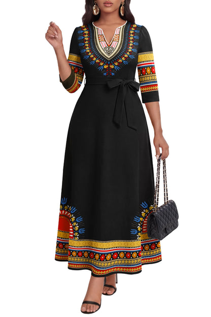 FANDEE African Attire Dresses for Women Elegant Print V Neck 3/4 Sleeve Belted Long Maxi Church Vintage Party Outfits