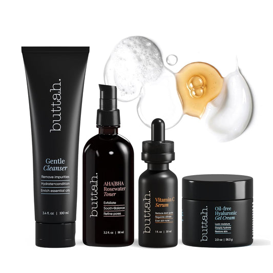 Buttah Skin Supreme Kit for Melanin Rich Skin | Oil-Free Hyaluronic Gel Cream 2 oz | Vitamin C Serum 1 oz | Cleanser 3.4 oz | Rosewater Toner 3.4 oz | Black Owned Skincare