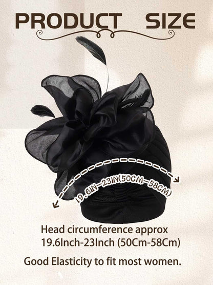 Woeoe Flower Turban Cap 20s Feather Fascinator Headwrap for Women