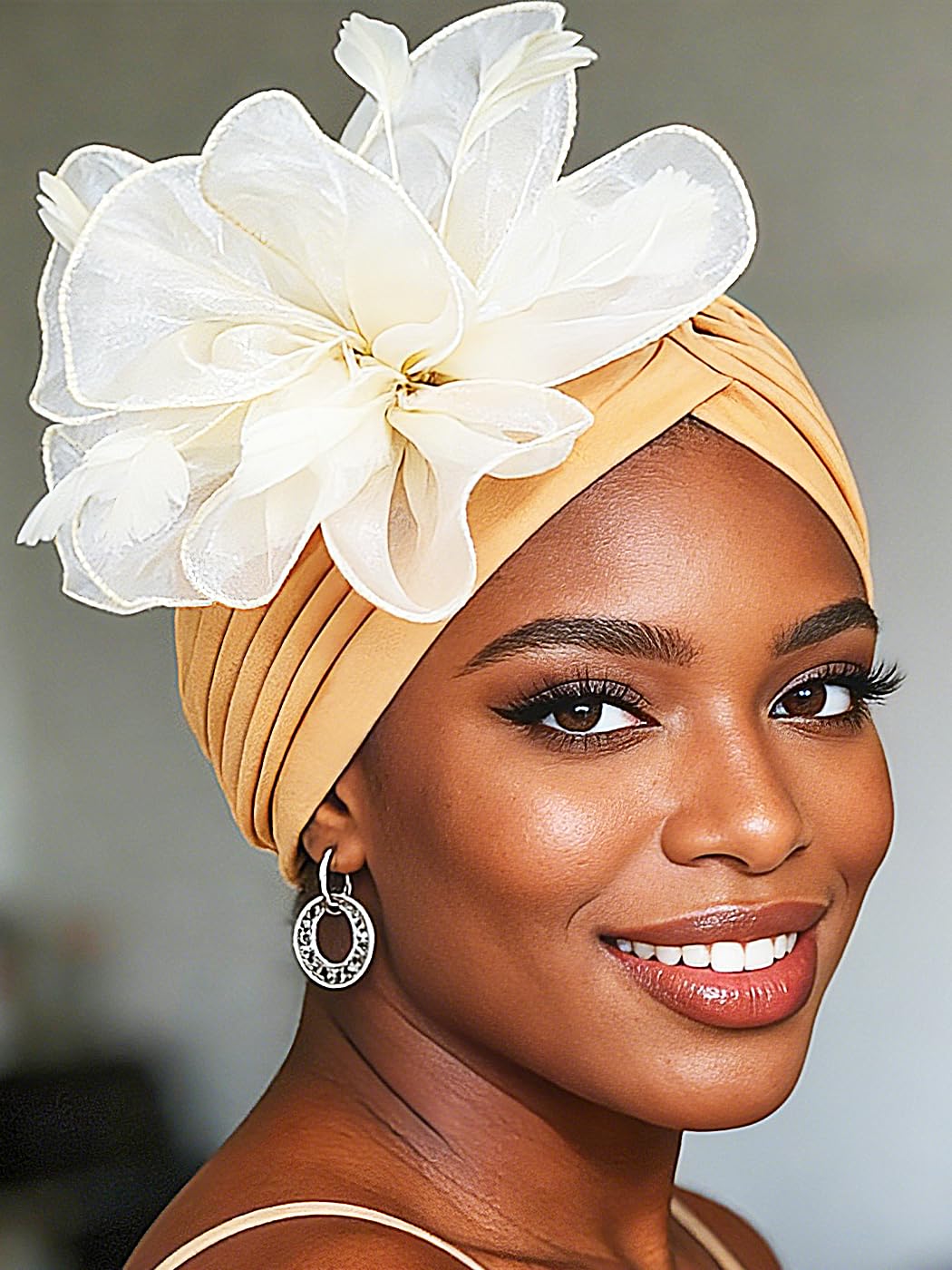Woeoe Flower Turban Cap 20s Feather Fascinator Headwrap for Women