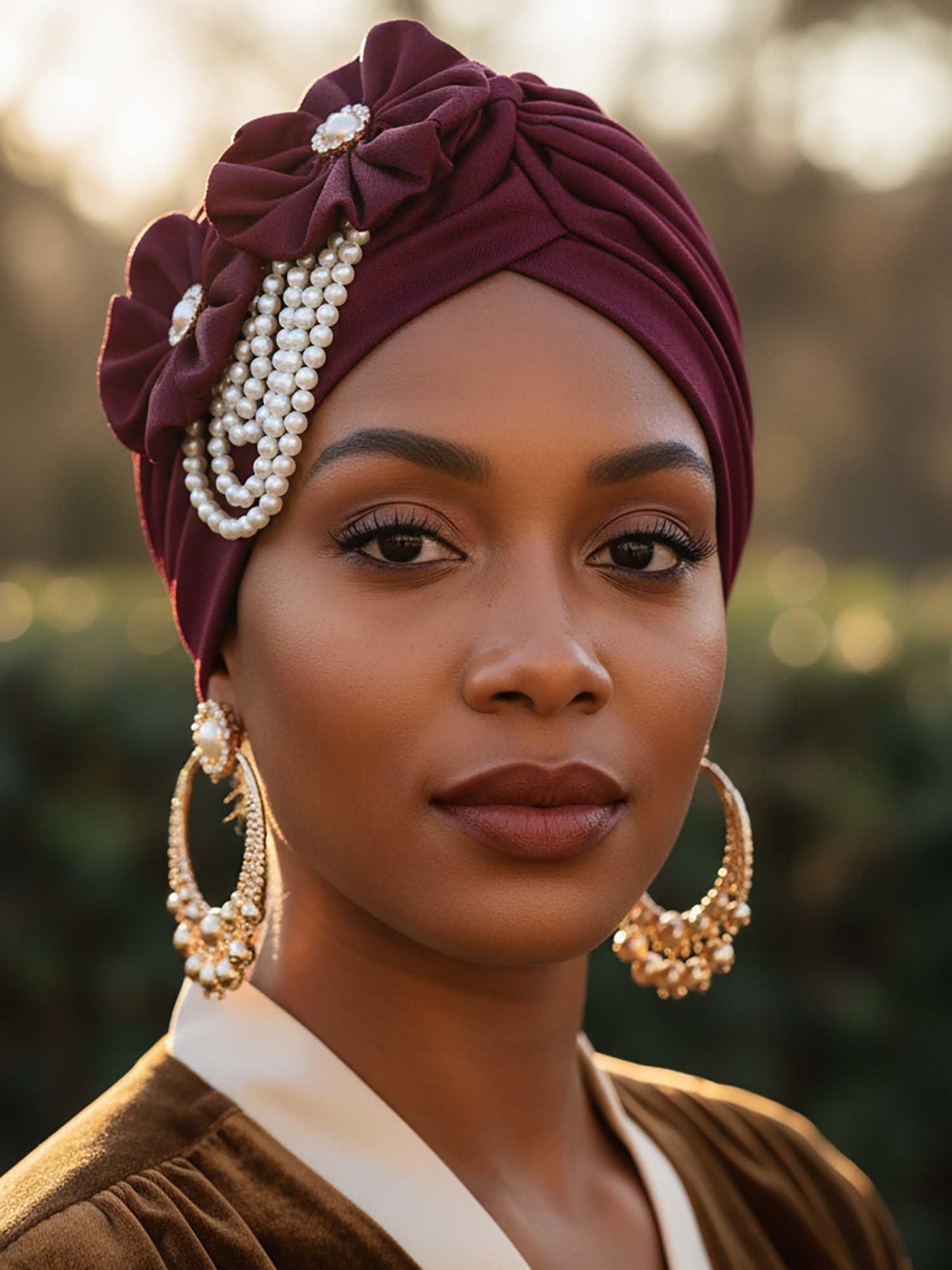 Woeoe Pearl Flower African Hats Pre-Tied Turbans Stretchy Twisted Church Wedding Head Wraps for Women