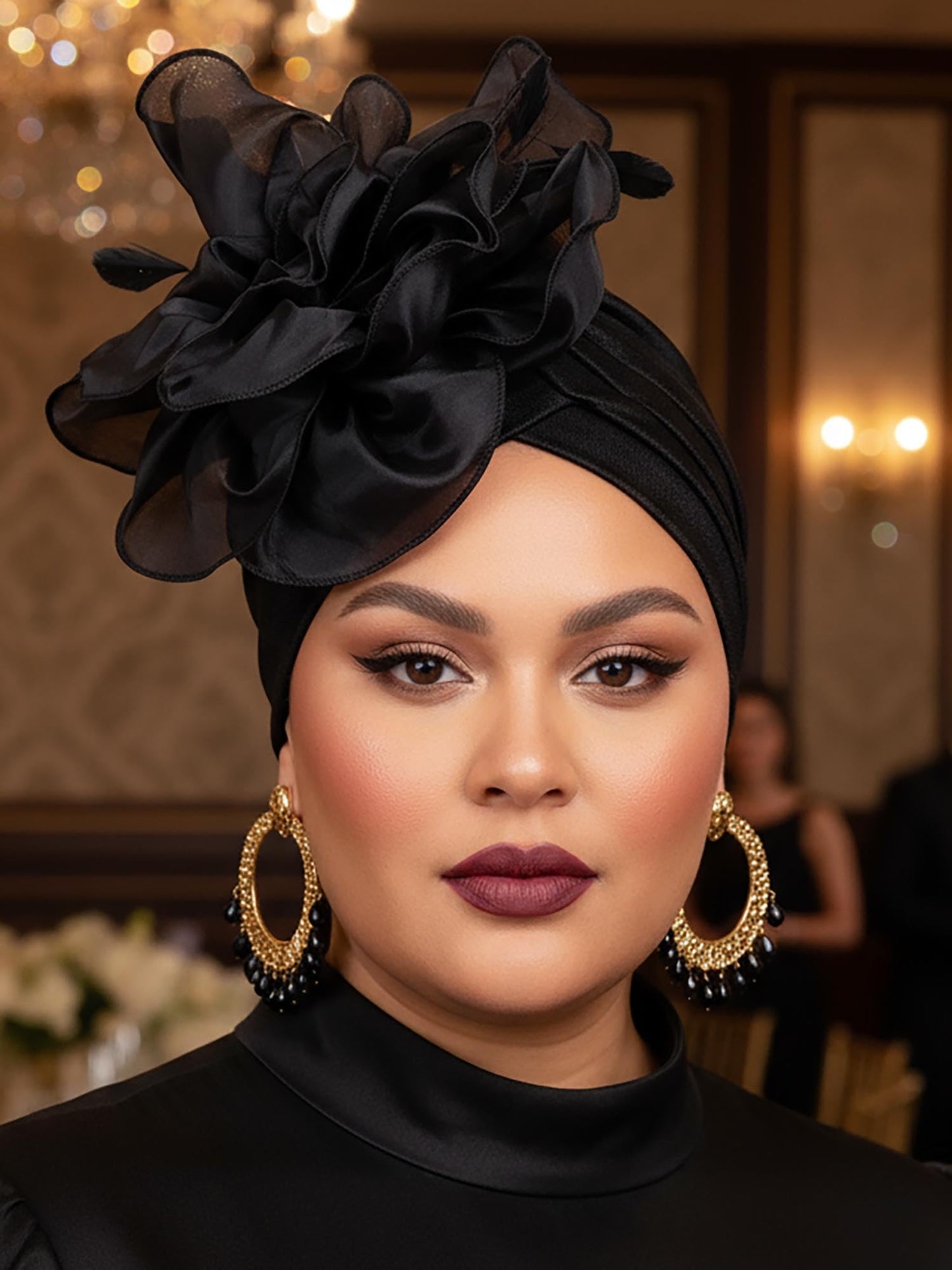 Woeoe Flower Turban Cap 20s Feather Fascinator Headwrap for Women
