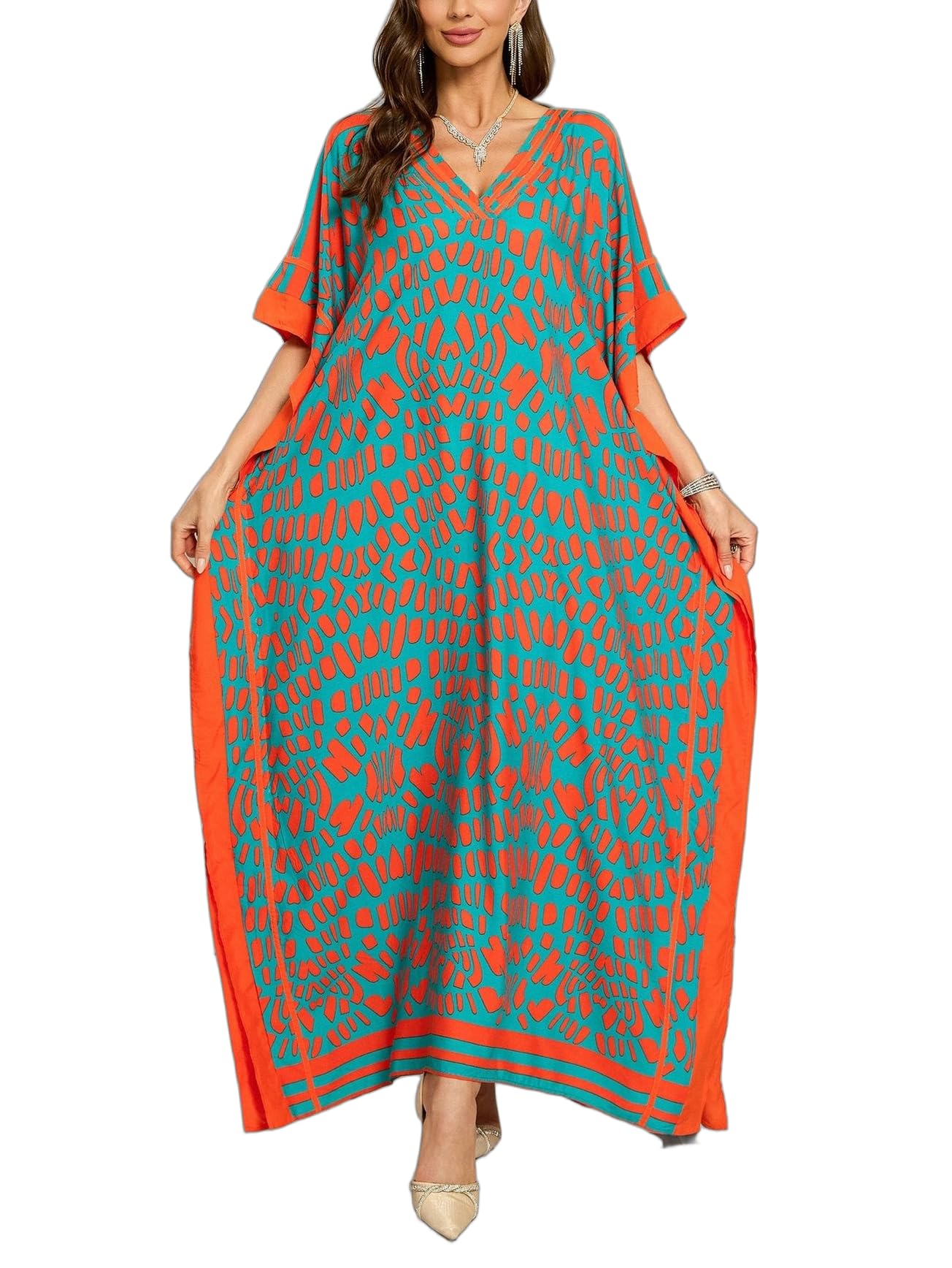 KECVOT Kaftan Dresses for Women V-Neck Print Swimsuit Cover Up Plus Size Beach Caftan Lounge Dress