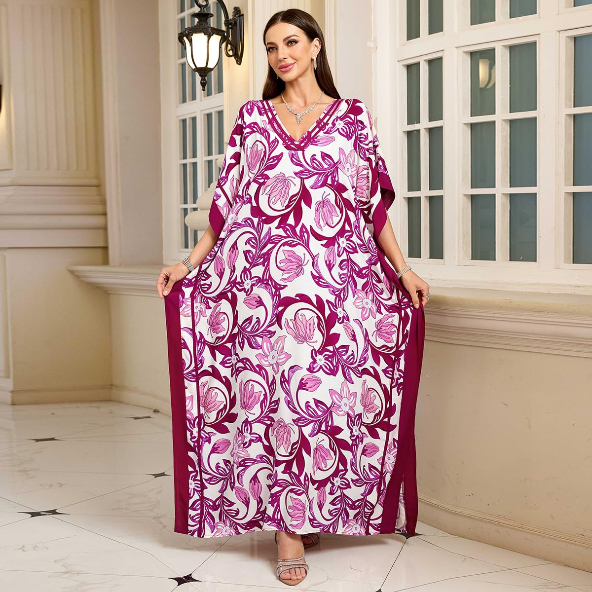 KECVOT Kaftan Dresses for Women V-Neck Print Swimsuit Cover Up Plus Size Beach Caftan Lounge Dress