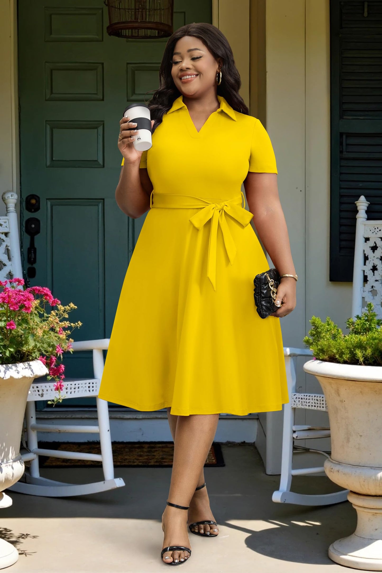 FANDEE Plus Size Dresses, Women Summer Casual V Neck Short Sleeve A-Line Work Cocktail Shirt Midi Dress with Belt and Pockets
