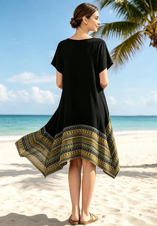 Minibee Women's Ethnic Cotton Linen Short/Long Sleeves Irregular Dress