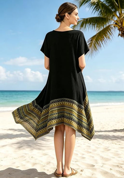Minibee Women's Ethnic Cotton Linen Short/Long Sleeves Irregular Dress