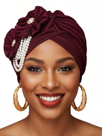 Woeoe Pearl Flower African Hats Pre-Tied Turbans Stretchy Twisted Church Wedding Head Wraps for Women