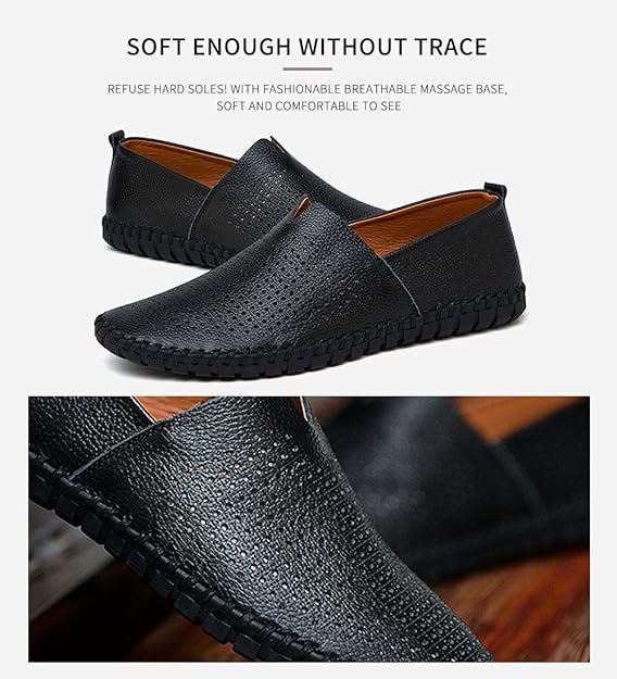 Men's Genuine Leather Loafer Shoes Slip On Soft Walking Shoes Perforated Driving Shoes