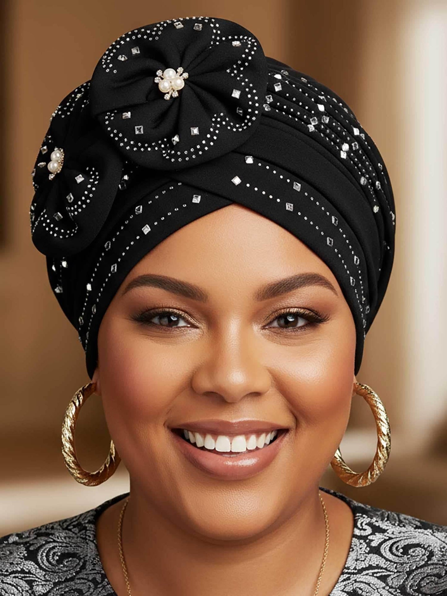 Woeoe Beanie Cap Head Wrap Black Rhinestones Head Scarf Flower Pearls Twisted Head Turban for Women Girls