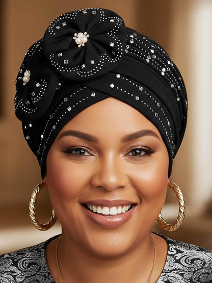 Woeoe Beanie Cap Head Wrap Black Rhinestones Head Scarf Flower Pearls Twisted Head Turban for Women Girls