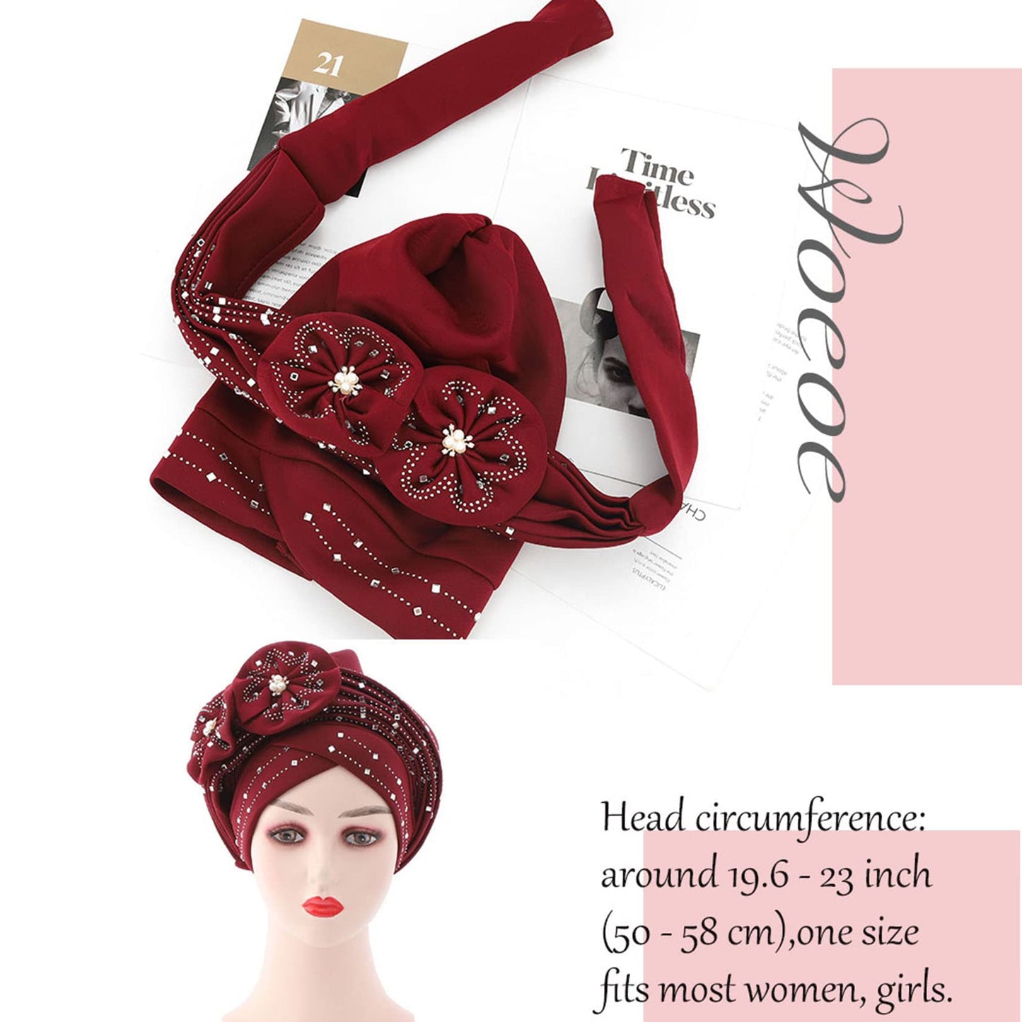 Woeoe Beanie Cap Head Wrap Black Rhinestones Head Scarf Flower Pearls Twisted Head Turban for Women Girls
