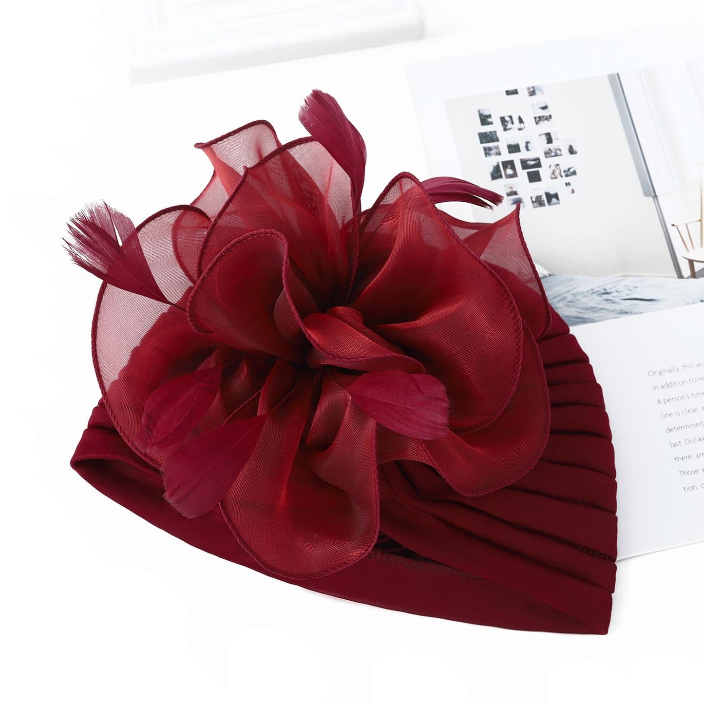 Woeoe Flower Turban Cap 20s Feather Fascinator Headwrap for Women