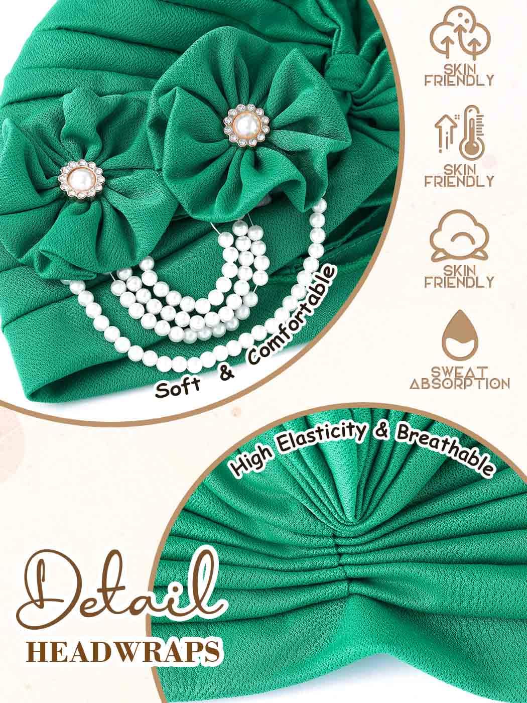 Woeoe Pearl Flower African Hats Pre-Tied Turbans Stretchy Twisted Church Wedding Head Wraps for Women