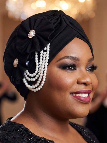 Woeoe Pearl Flower African Hats Pre-Tied Turbans Stretchy Twisted Church Wedding Head Wraps for Women