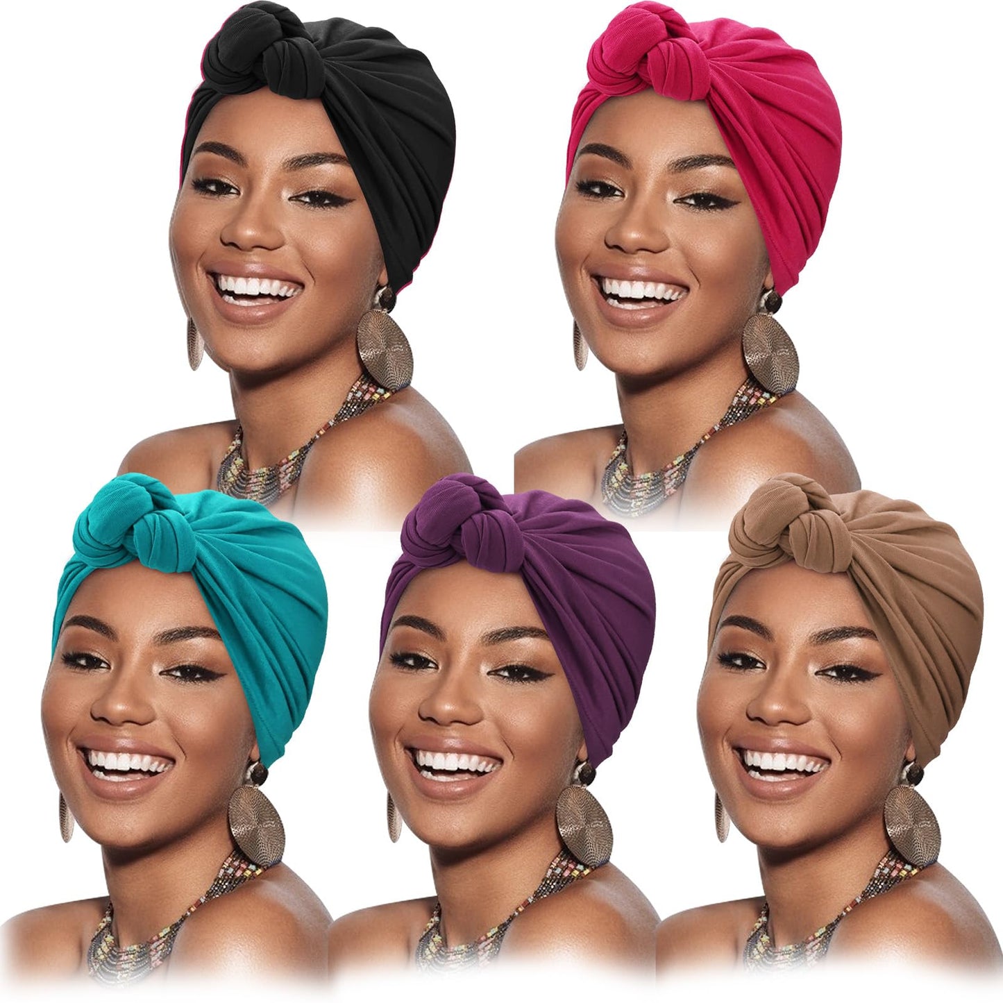 DRESHOW 5 Pack Knotted Headwraps for Women African Turban Pre-Knotted Beanie Headwraps Hair Covers