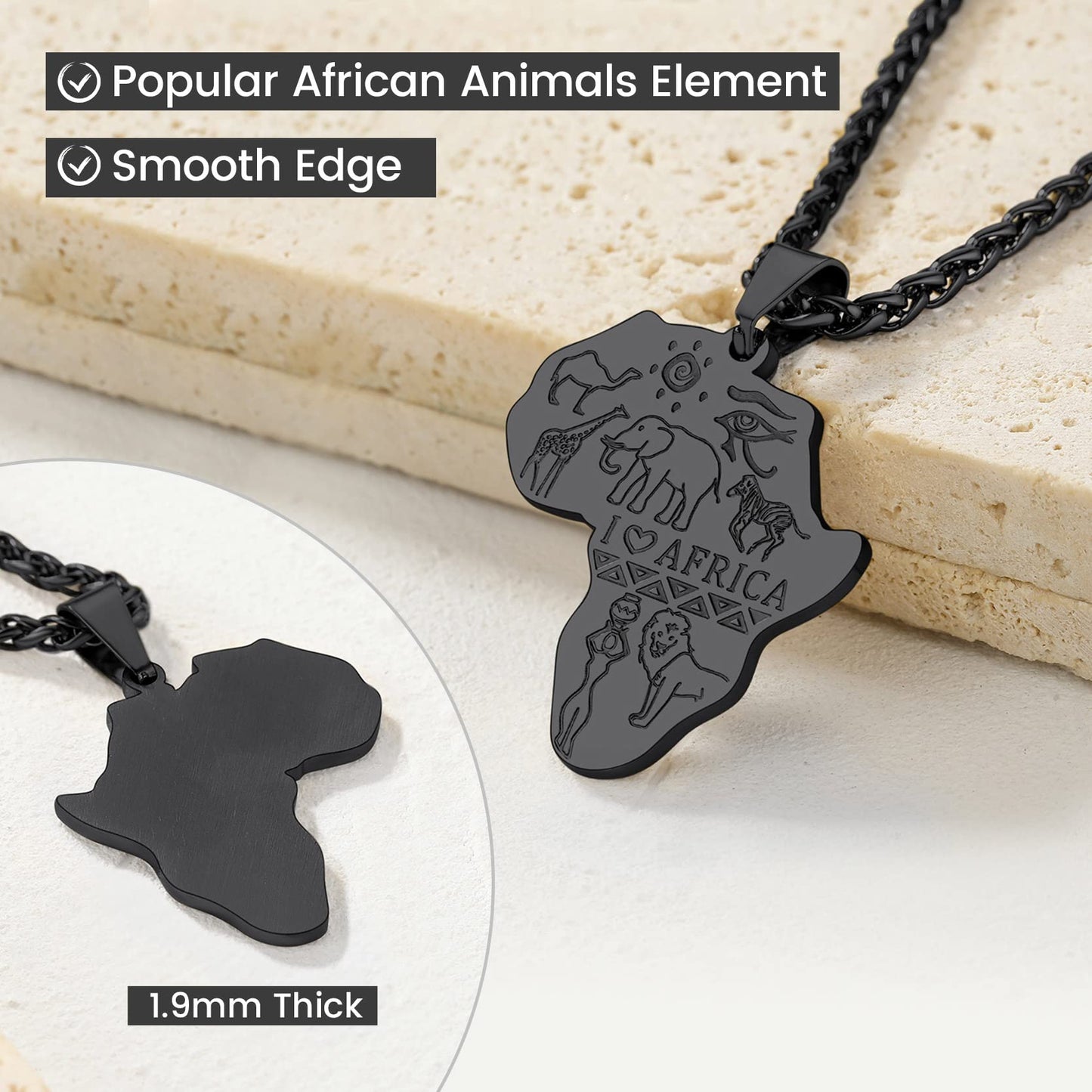 GOLDCHIC JEWELRY Africa Map Necklace for Men, Stainless Steel African Tribal/Egyptian Eye of Horus/I LOVE AFRICA/Elephant Map Hiphop Jewelry Unisex with 22'+2'Adjustable Chain