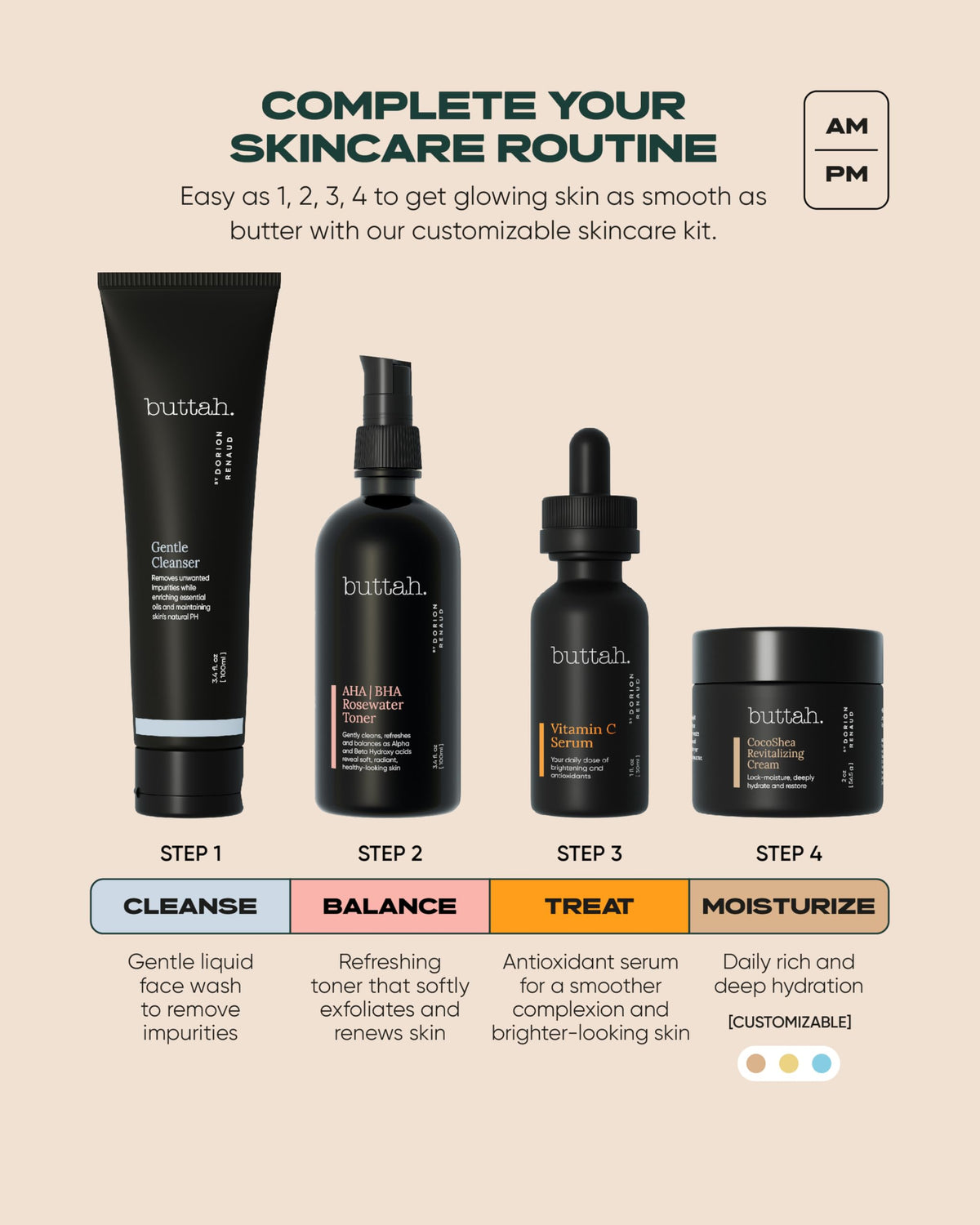 Buttah Skin Supreme Kit for Melanin Rich Skin | Oil-Free Hyaluronic Gel Cream 2 oz | Vitamin C Serum 1 oz | Cleanser 3.4 oz | Rosewater Toner 3.4 oz | Black Owned Skincare