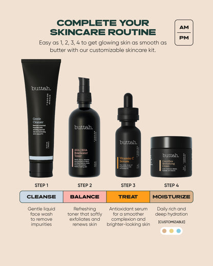 Buttah Skin Supreme Kit for Melanin Rich Skin | Oil-Free Hyaluronic Gel Cream 2 oz | Vitamin C Serum 1 oz | Cleanser 3.4 oz | Rosewater Toner 3.4 oz | Black Owned Skincare