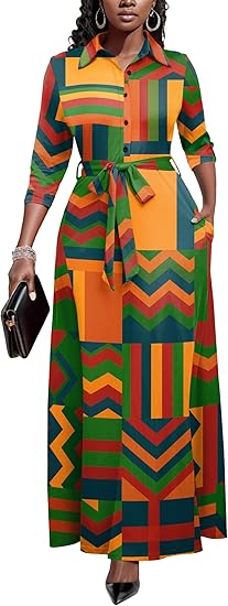 Runwind Women Church Maxi Dresses 3/4 Sleeve Button Down Print Casual Office Dress African