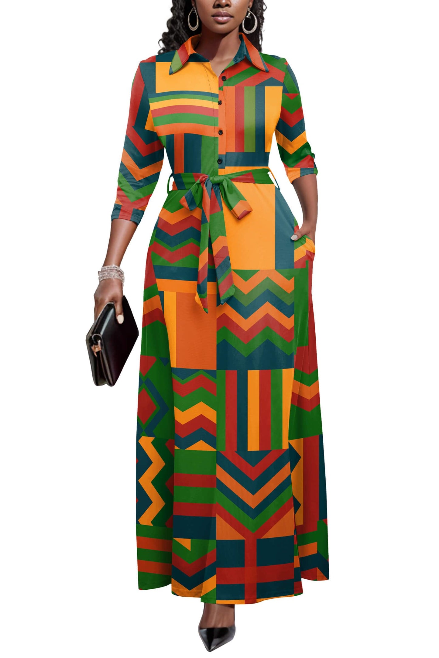Runwind Women Church Maxi Dresses 3/4 Sleeve Button Down Print Casual Office Dress African