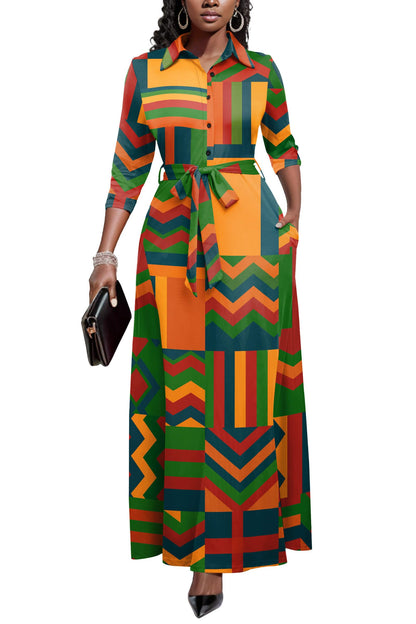 Runwind Women Church Maxi Dresses 3/4 Sleeve Button Down Print Casual Office Dress African