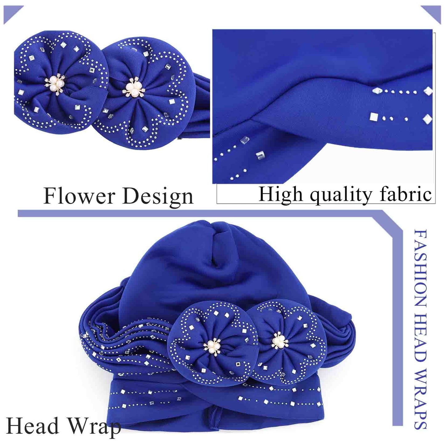 Woeoe Beanie Cap Head Wrap Black Rhinestones Head Scarf Flower Pearls Twisted Head Turban for Women Girls