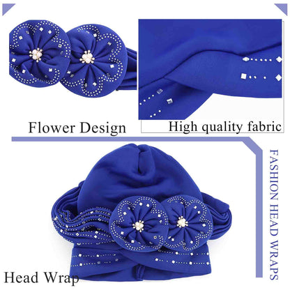 Woeoe Beanie Cap Head Wrap Black Rhinestones Head Scarf Flower Pearls Twisted Head Turban for Women Girls
