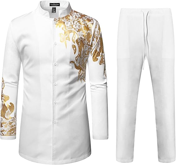LucMatton Men's 2 Piece Outfits Long Sleeve Button Down African Dashiki Shirts and Pants Set Traditional Ethnic Suits