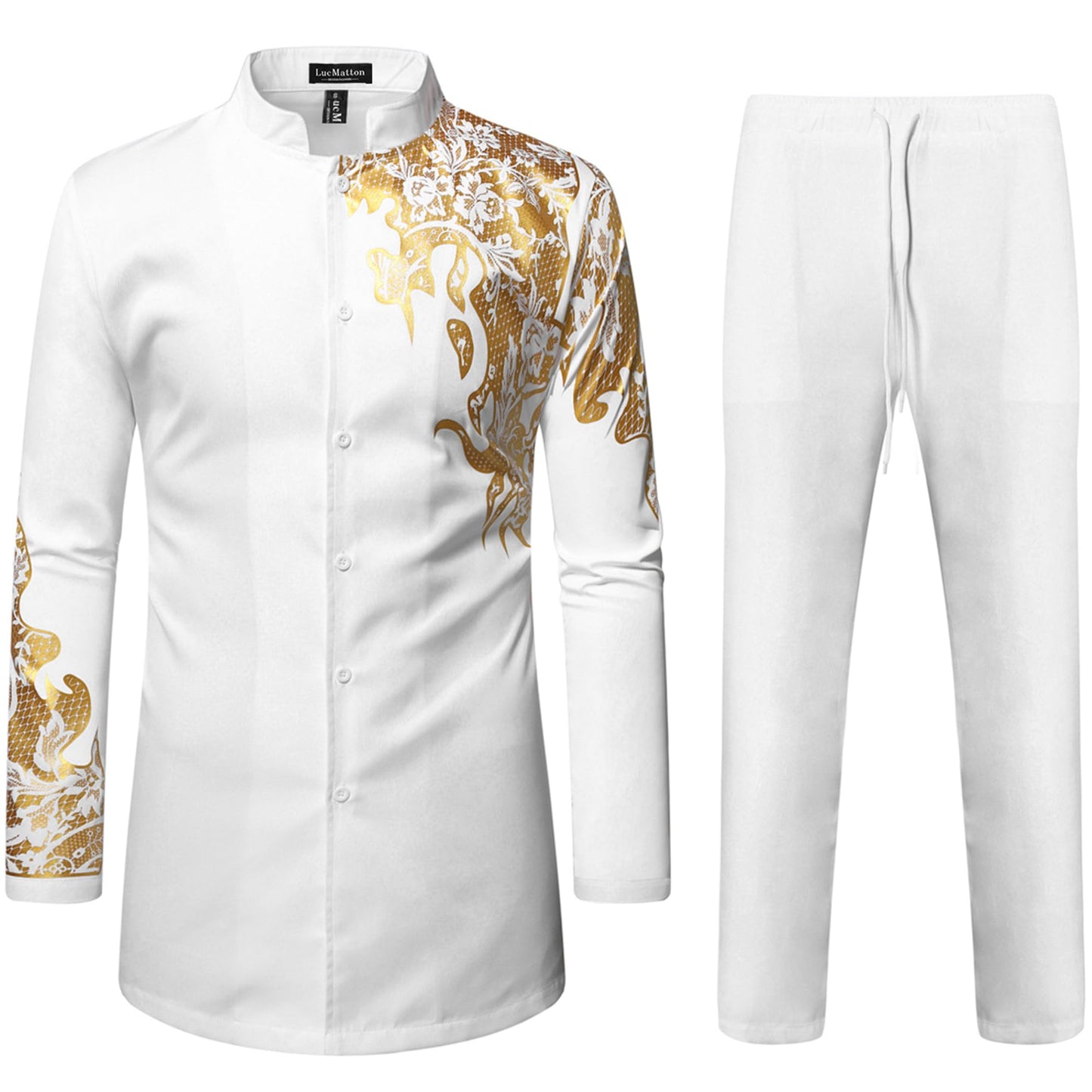LucMatton Men's 2 Piece Outfits Long Sleeve Button Down African Dashiki Shirts and Pants Set Traditional Ethnic Suits