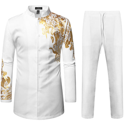 LucMatton Men's 2 Piece Outfits Long Sleeve Button Down African Dashiki Shirts and Pants Set Traditional Ethnic Suits