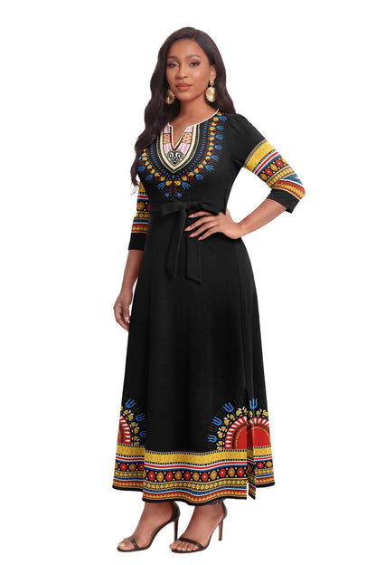 FANDEE African Attire Dresses for Women Elegant Print V Neck 3/4 Sleeve Belted Long Maxi Church Vintage Party Outfits