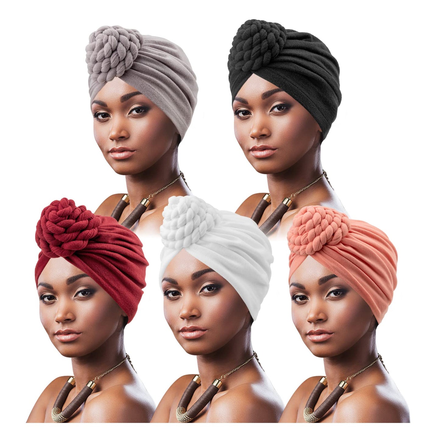 DRESHOW 5 Pack Knotted Headwraps for Women African Turban Pre-Knotted Beanie Headwraps Hair Covers