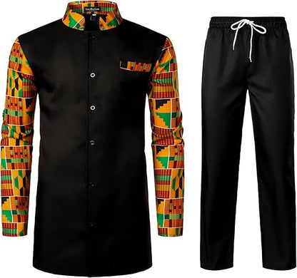 LucMatton Men's 2 Piece Outfits Long Sleeve Button Down African Dashiki Shirts and Pants Set Traditional Ethnic Suits