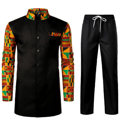 LucMatton Men's 2 Piece Outfits Long Sleeve Button Down African Dashiki Shirts and Pants Set Traditional Ethnic Suits