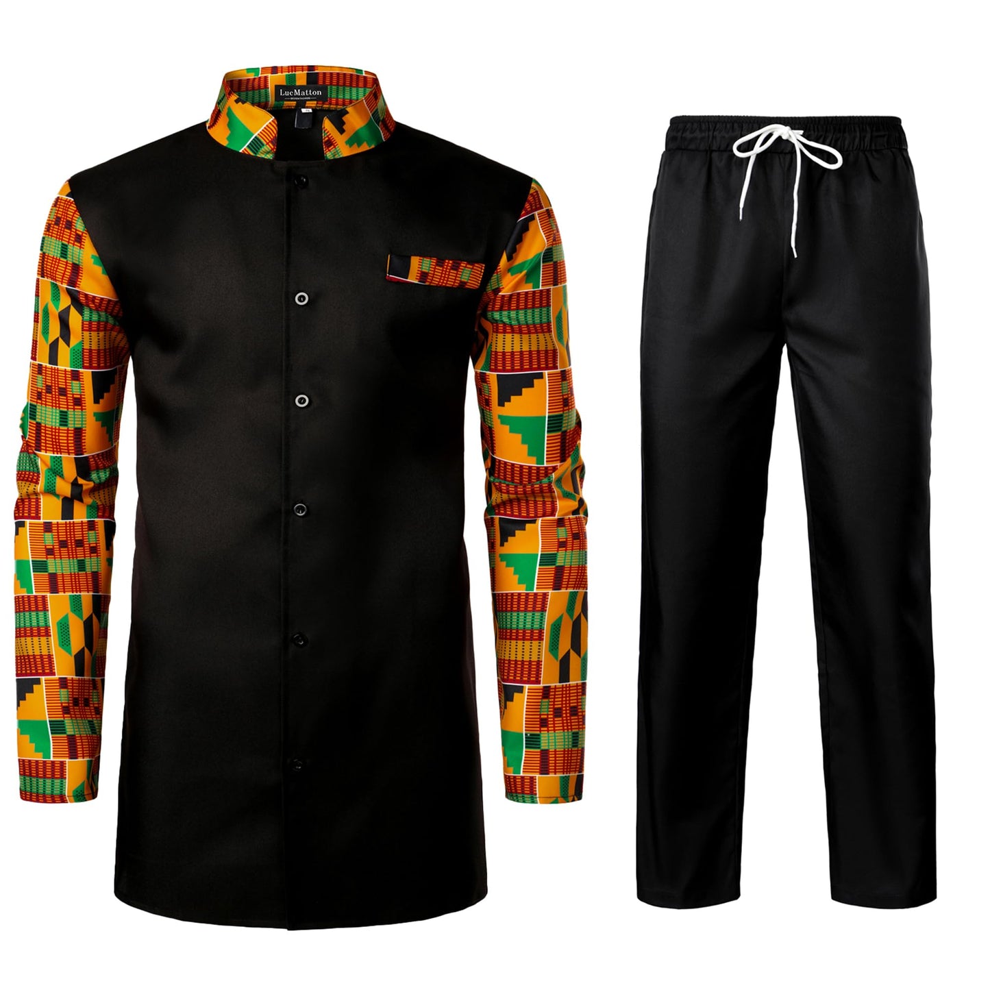 LucMatton Men's 2 Piece Outfits Long Sleeve Button Down African Dashiki Shirts and Pants Set Traditional Ethnic Suits