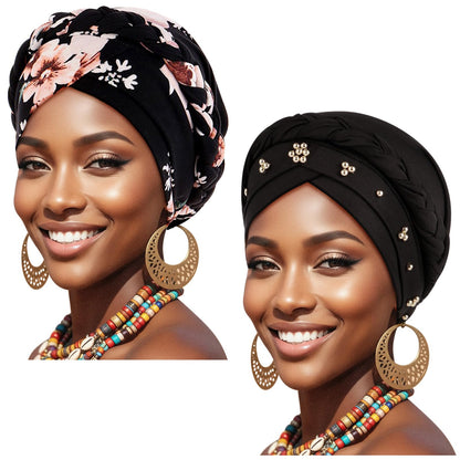 African Women Turban Caps Pre-Tied Twisted Turbans Head Scarf for Women Hair Wraps Cover Beanie Cancer Chemo Headwear