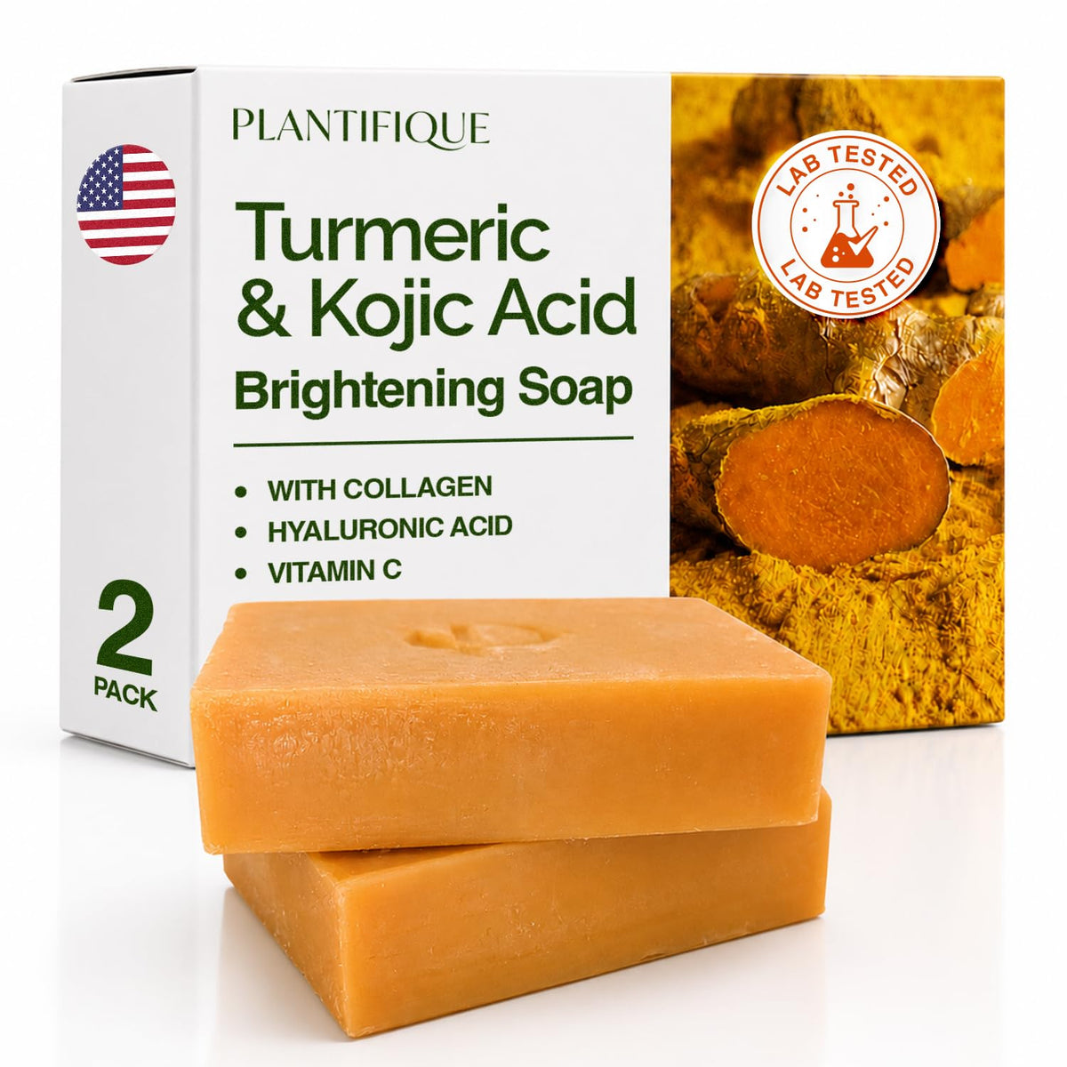 PLANTIFIQUE Kojic Acid & Turmeric Soap for Dark Spots, Lab Tested, 3 Pack