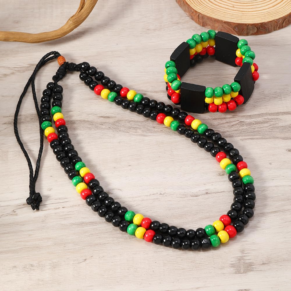 MALOYANVE 6 Pcs Juneteenth African Jewelry Set for Women Jamaican Wood Rasta Beaded Necklace and Bracelet Black History Month Dangle Earrings Jamaican Outfit Rastafari Pride Accessories
