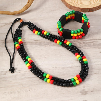MALOYANVE 6 Pcs Juneteenth African Jewelry Set for Women Jamaican Wood Rasta Beaded Necklace and Bracelet Black History Month Dangle Earrings Jamaican Outfit Rastafari Pride Accessories