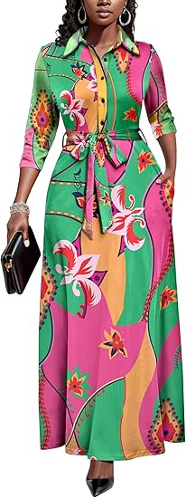 Runwind Women Church Maxi Dresses 3/4 Sleeve Button Down Print Casual Office Dress African