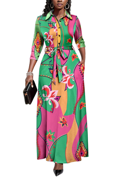 Rumwind Maxi Dresses for Women, 3/4 Sleeve Shirt Collar Casual Afircan Print Church Dress Button Down with Belt and Pockets