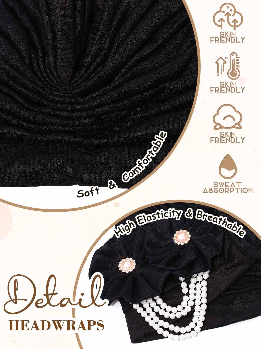 Woeoe Pearl Flower African Hats Pre-Tied Turbans Stretchy Twisted Church Wedding Head Wraps for Women