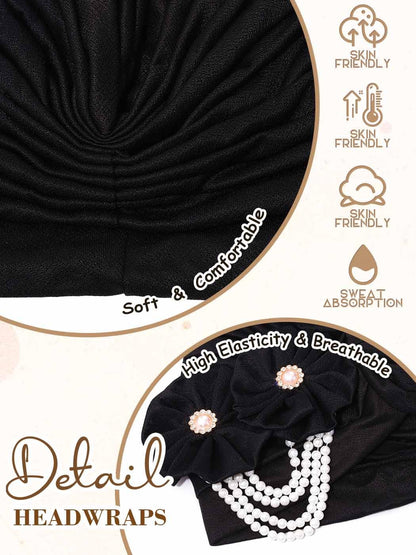 Woeoe Pearl Flower African Hats Pre-Tied Turbans Stretchy Twisted Church Wedding Head Wraps for Women