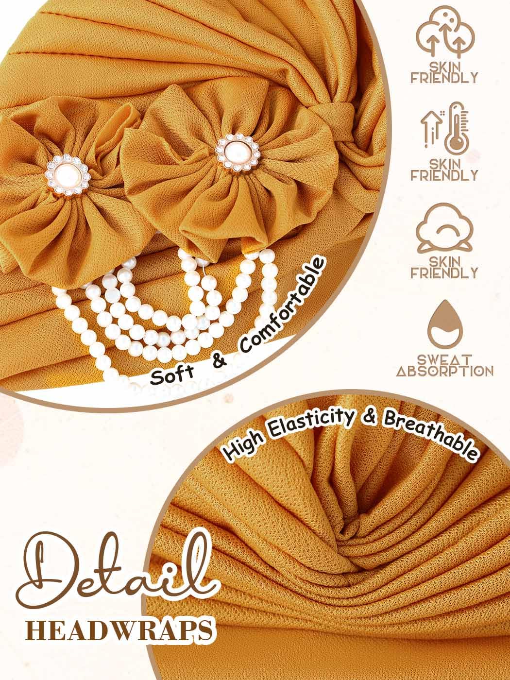 Woeoe Pearl Flower African Hats Pre-Tied Turbans Stretchy Twisted Church Wedding Head Wraps for Women